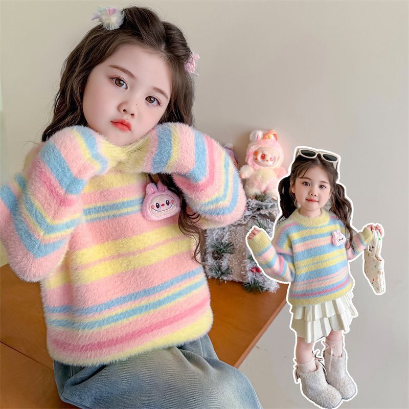 女童毛衣秋冬新款针织衫圆领条纹加绒加厚洋气中大童保暖打底上衣