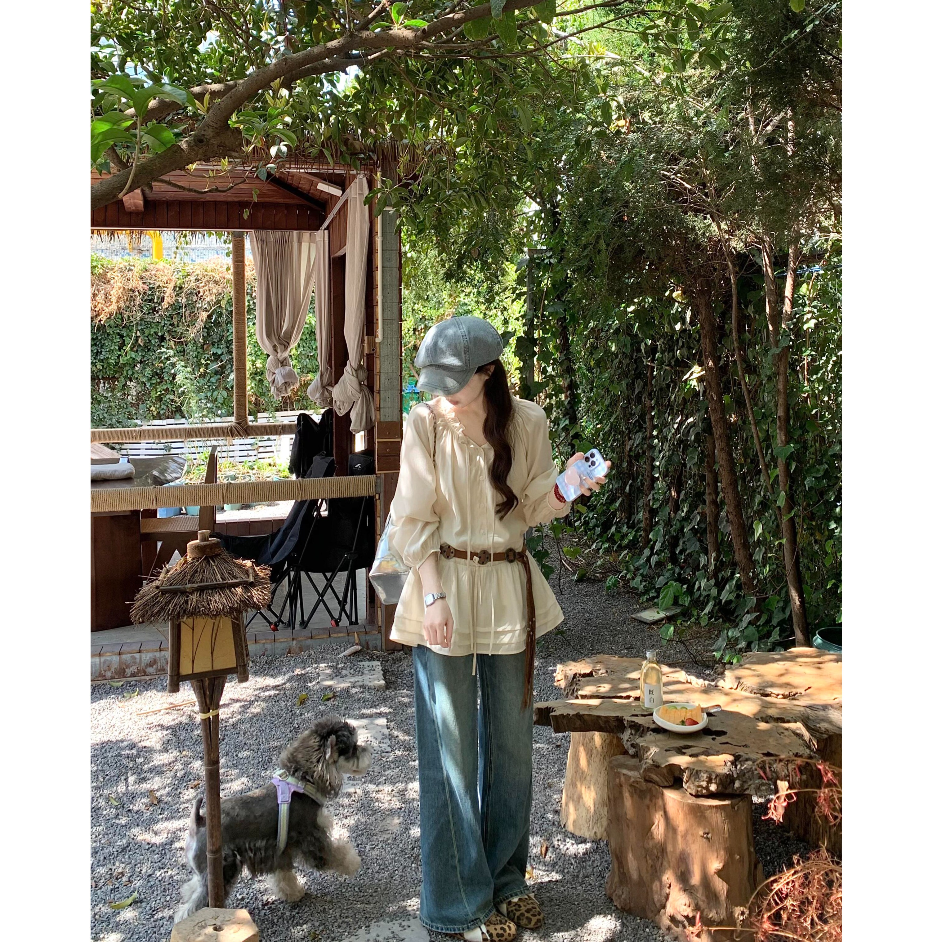 2025春夏新款韩系温柔风木耳边设计抽绳衬衫上衣搭配牛仔裤两件套