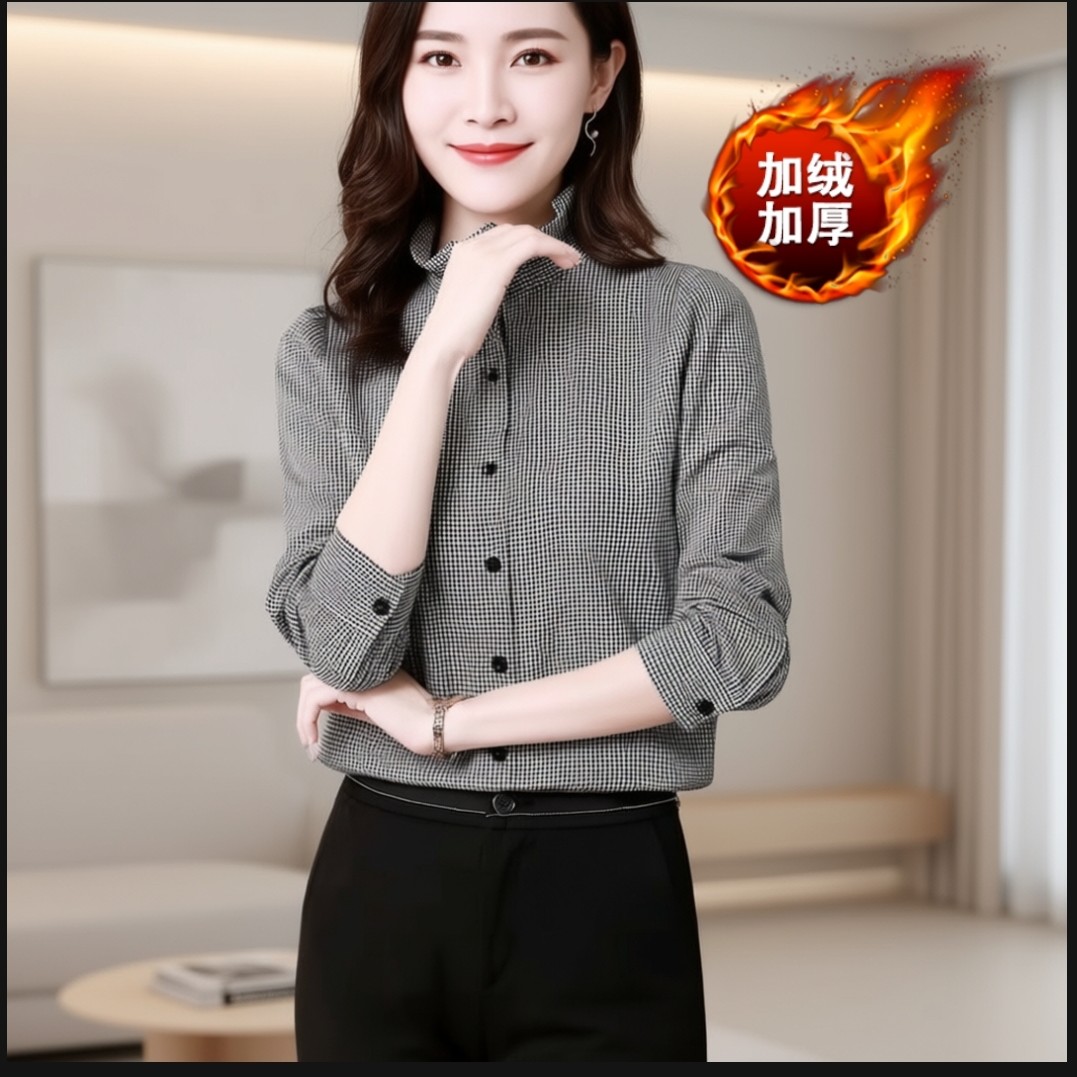 加绒加厚黑白格子衬衣女木耳边立领长袖衬衫洋气宽松时尚百搭上衣
