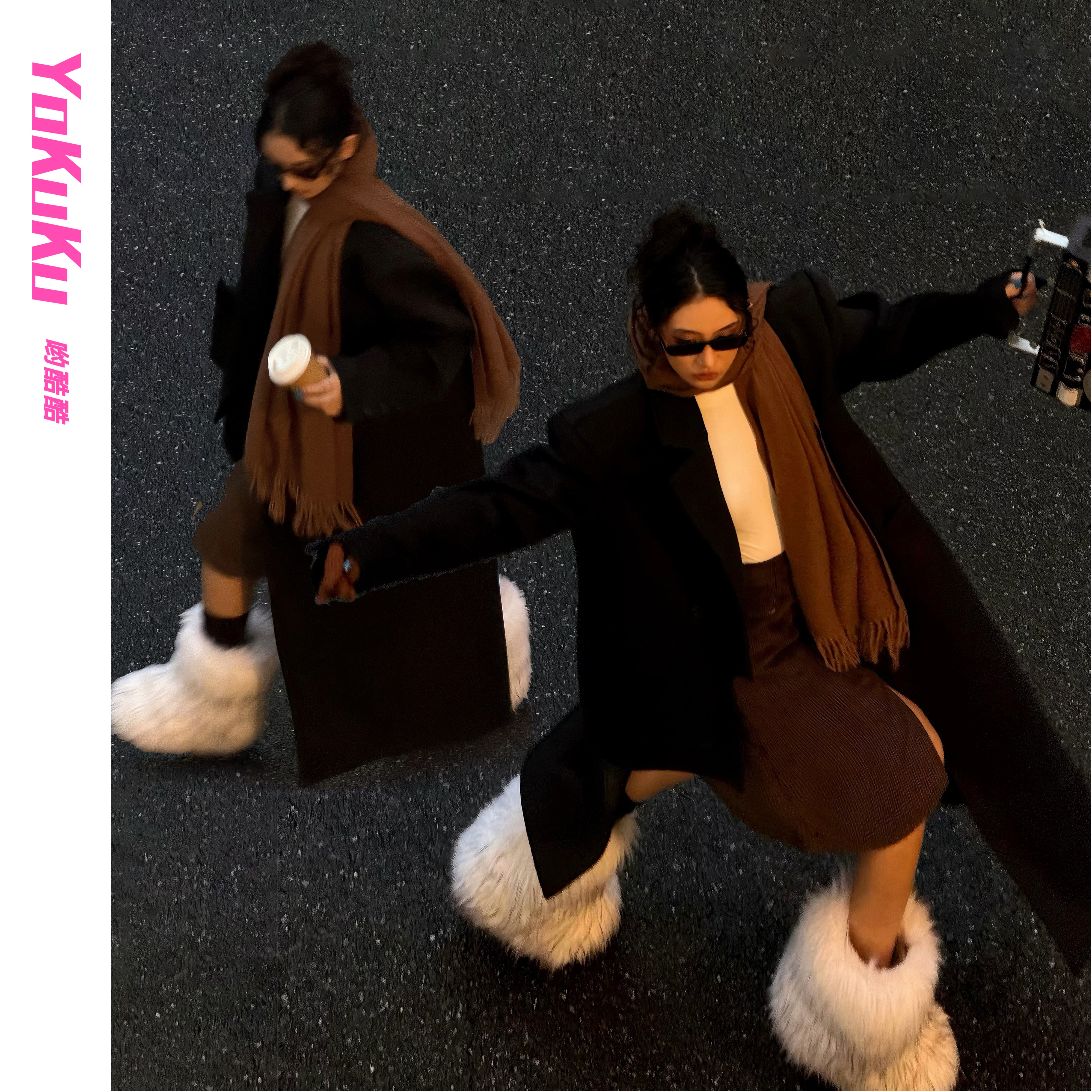 哟酷酷(无言宣言)秋冬抗风保暖不对称立体裁剪时尚羊毛过膝大衣