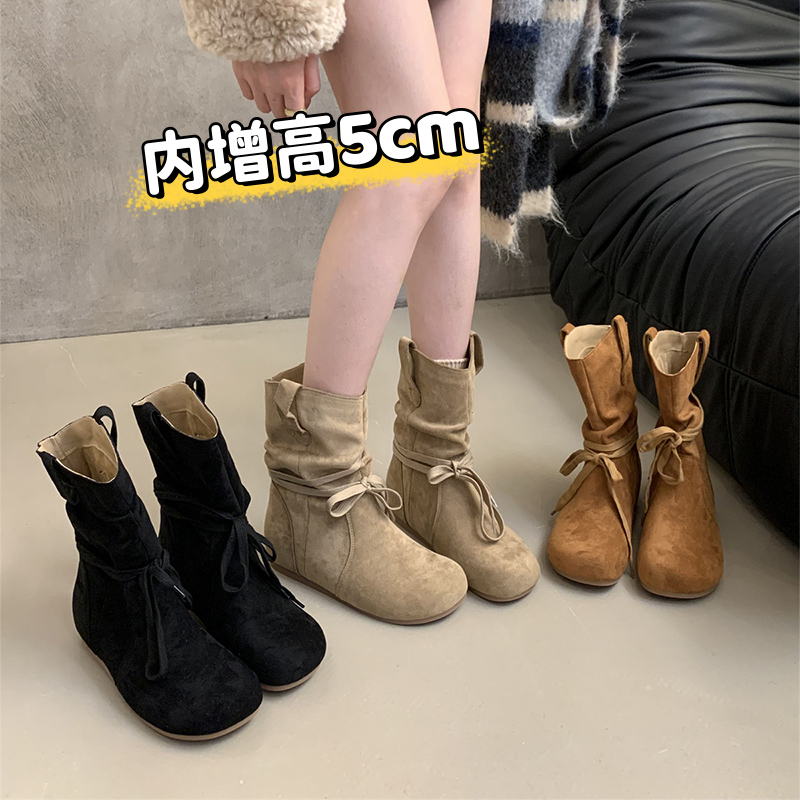 三福复古内增高小短靴女2025新款秋季厚底马丁靴勃肯鞋西部牛仔靴