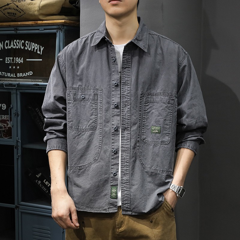 阿美咔叽复古水洗男士衬衫春秋季休闲纯棉翻领外套长袖工装衬衣