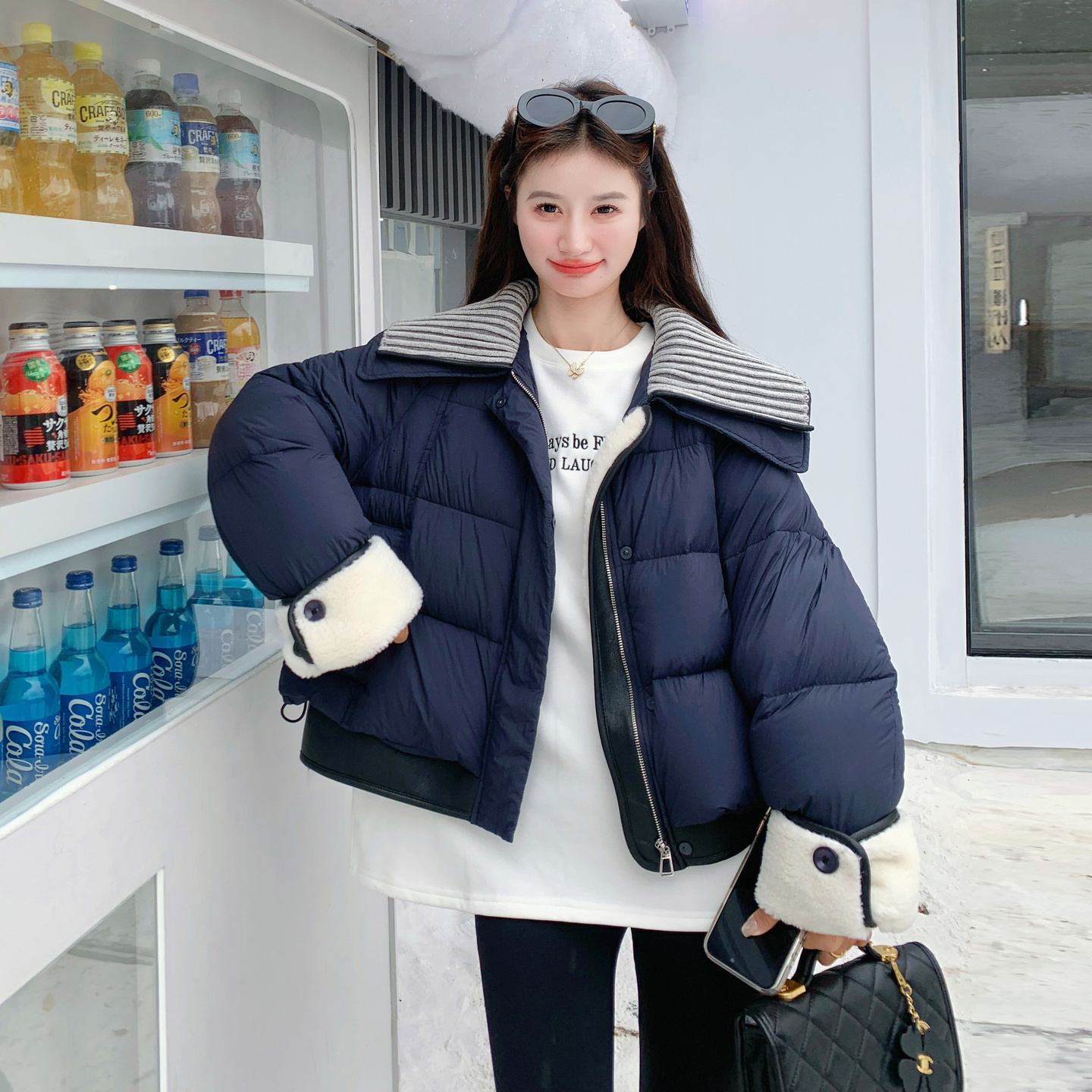 藏青色韩系针织大翻领泡芙羽绒服女2025冬季新款90绒零压感面包服