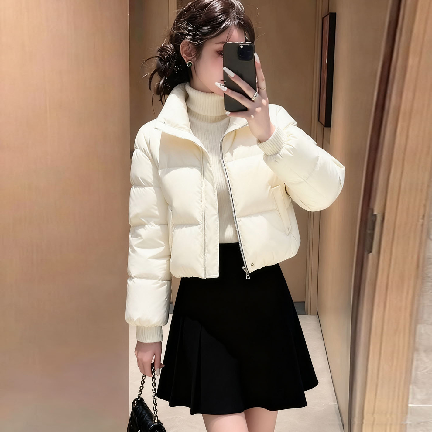 2025新款短款白色棉袄女立领拉链显瘦保暖外套小个子羽绒棉服轻便
