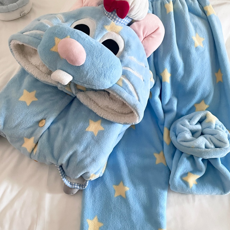 侘町星星厨师鼠2025冬季新款睡袍长裤睡衣女法兰绒加绒家居服套装