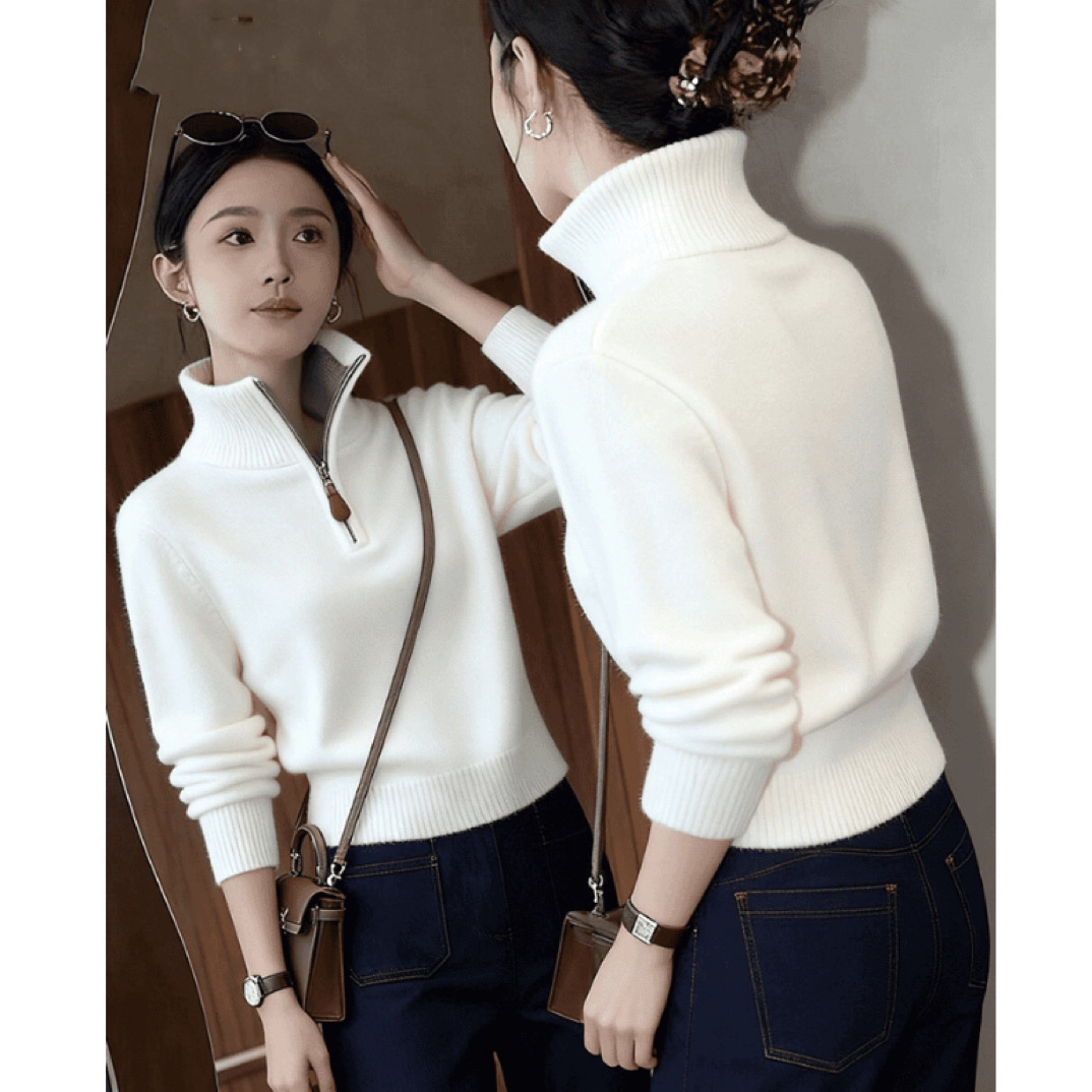 1115半拉链高领针织女秋冬新款高级感显瘦短款小众毛衣上衣长袖