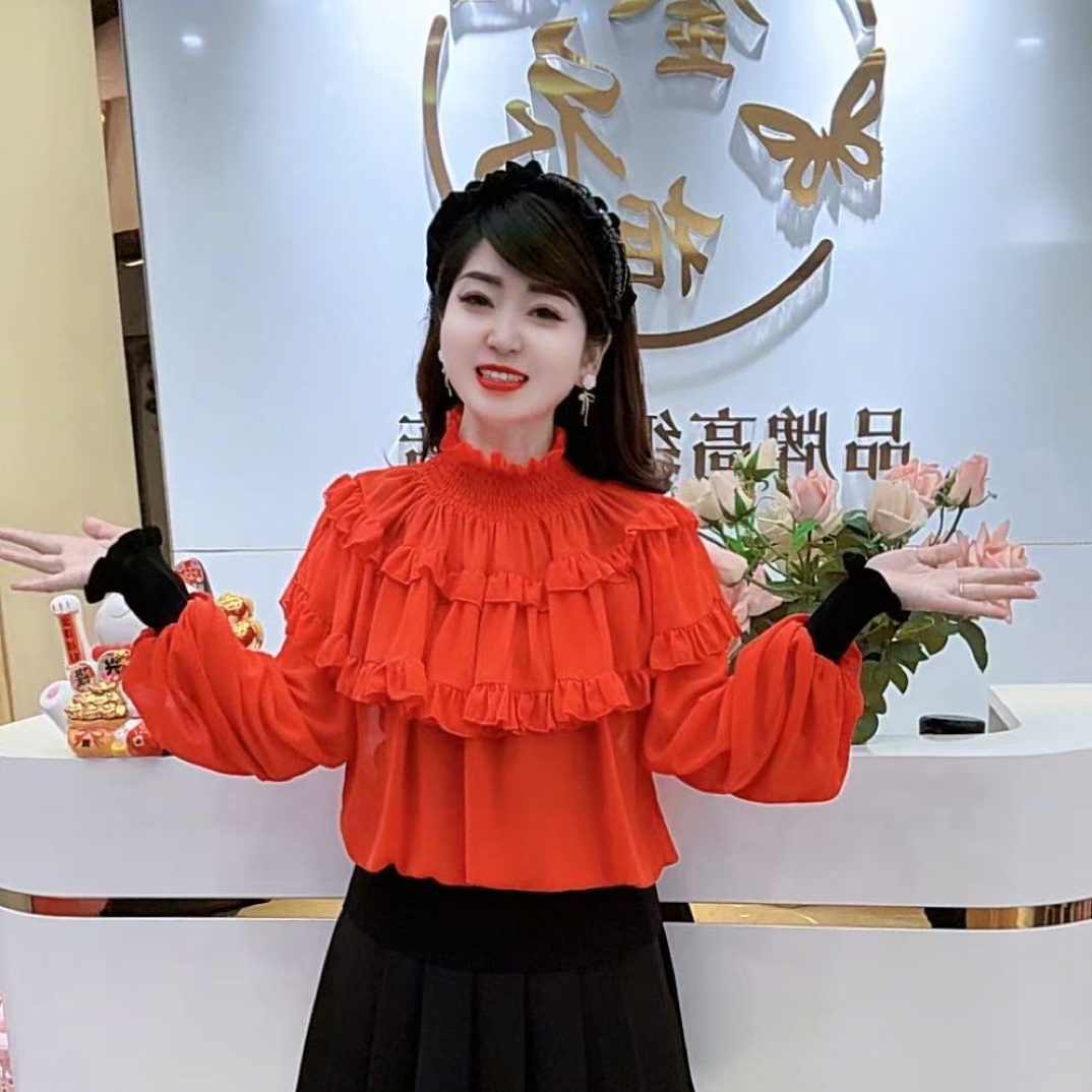 高级重工半高圆领洋气泡泡袖拼接荷叶边时尚百搭针织衫