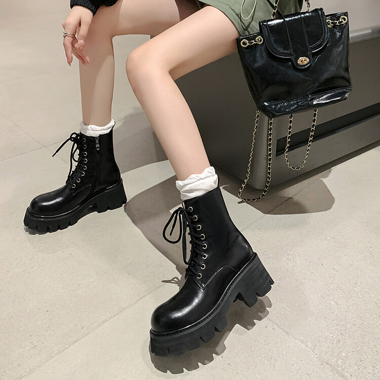 厚底马丁靴2025冬季新款真皮短筒女靴子小个子短靴加绒系带瘦瘦靴