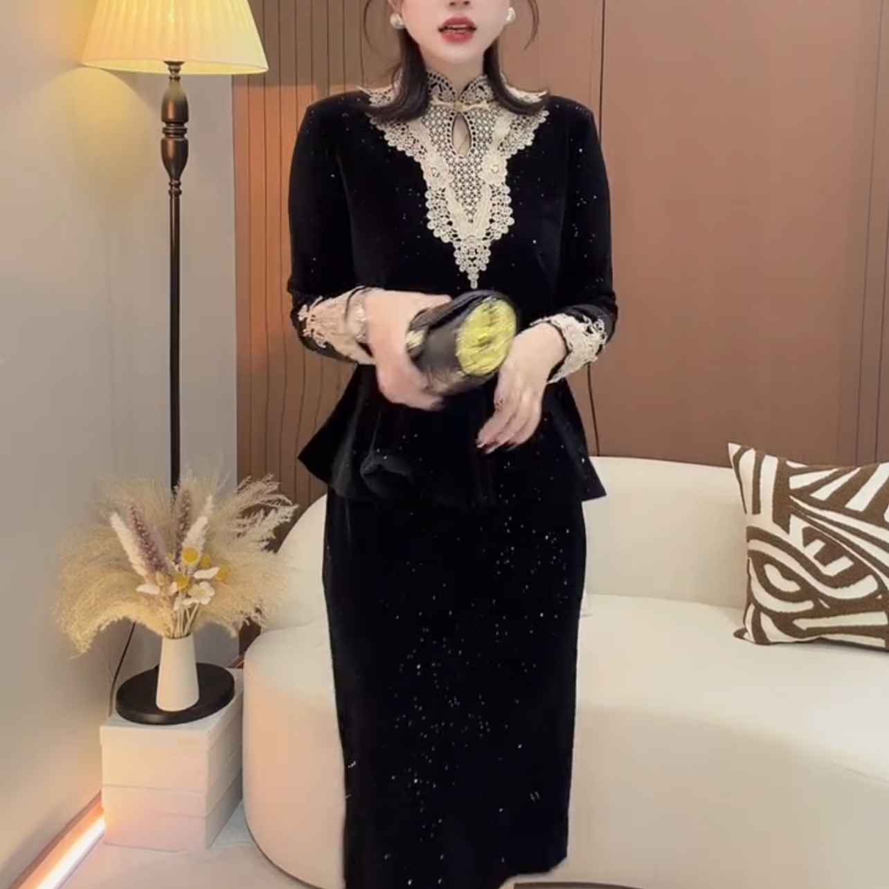 春季高级感时髦复古撞色拼接荷叶边显瘦中长裙气质连衣裙