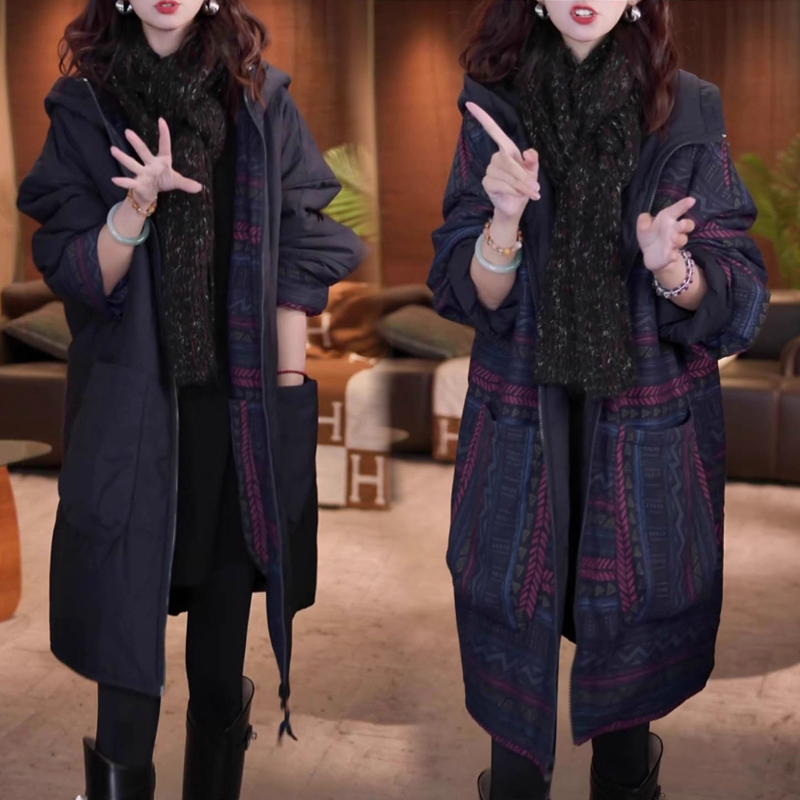冬季休闲宽松中长款连帽棉服女款2025新款派克服加厚棉衣夹棉外套