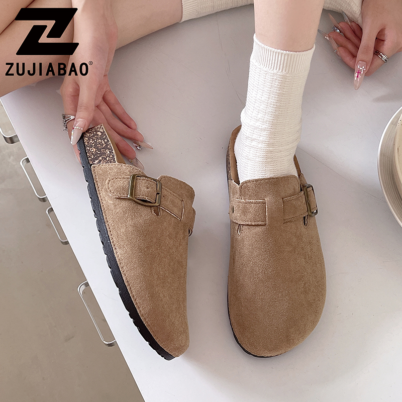 足家宝透气凉拖休闲半拖搭扣包头拖休闲风包头低帮春夏低跟圆头