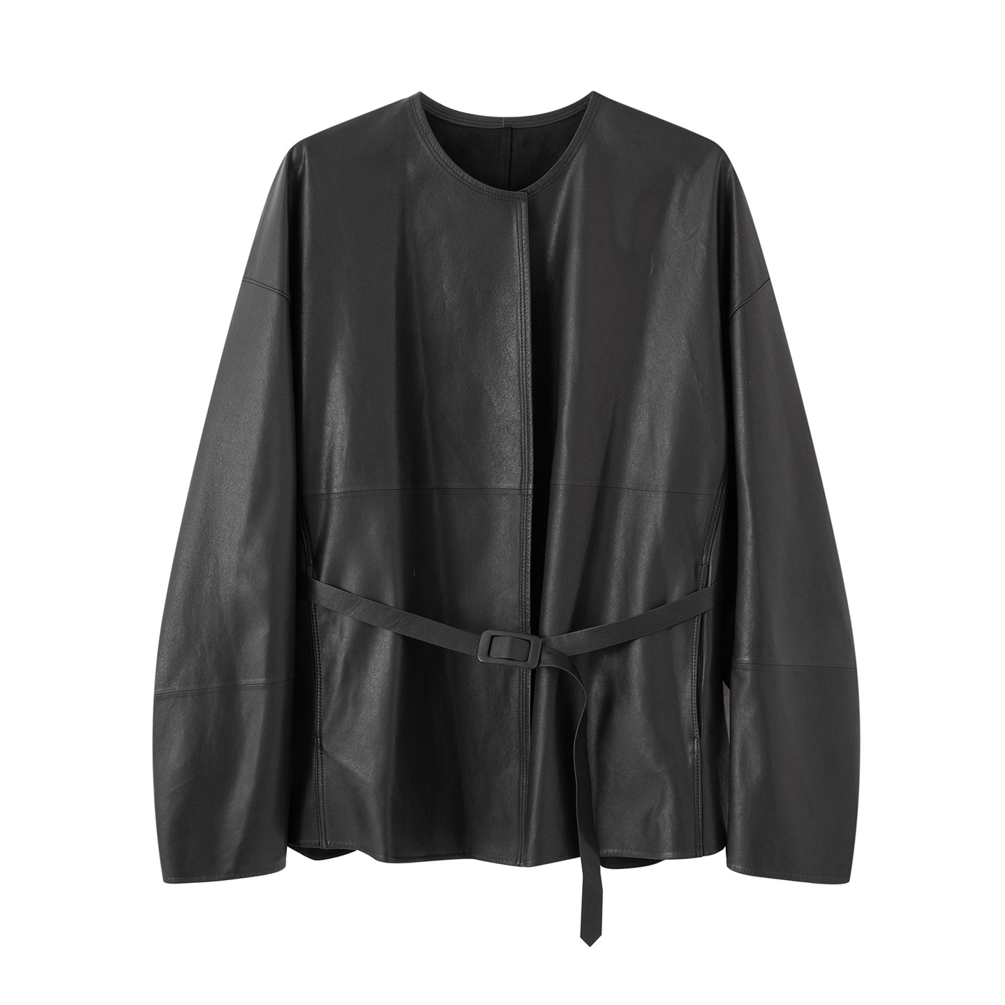 艾家商场同款秋季常规圆领落肩袖短款皮衣女装夹克休闲中长款3034