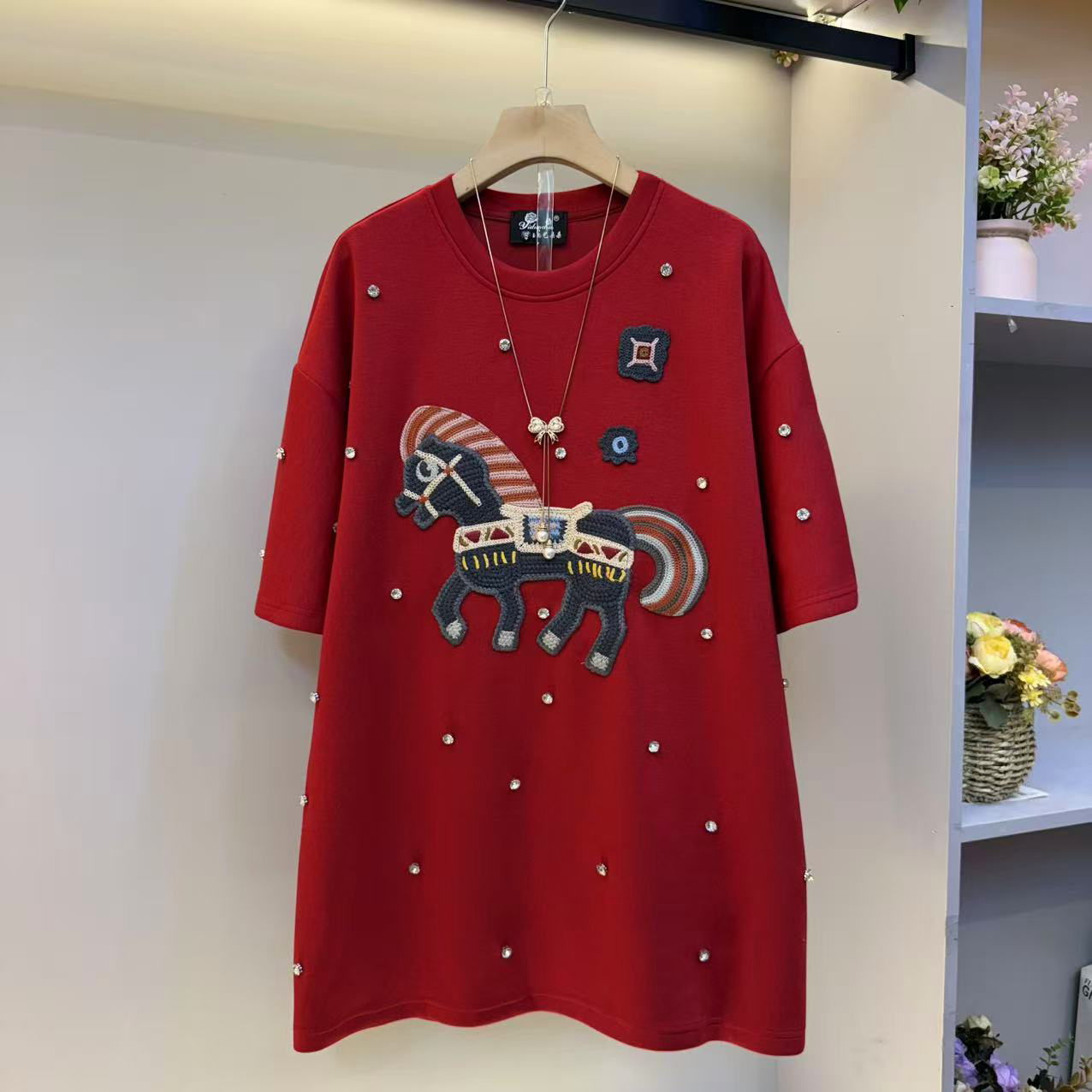 卡通小马重工镶钻刺绣圆领短袖宽松遮肉显瘦大码T恤上衣