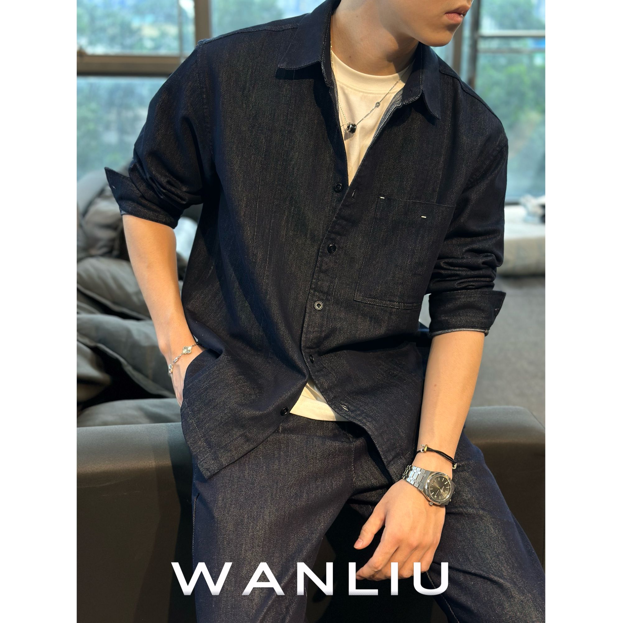 【莱赛尔】天丝水洗斜纹双压面设计简约宽松休闲早秋牛仔衬衫外套男