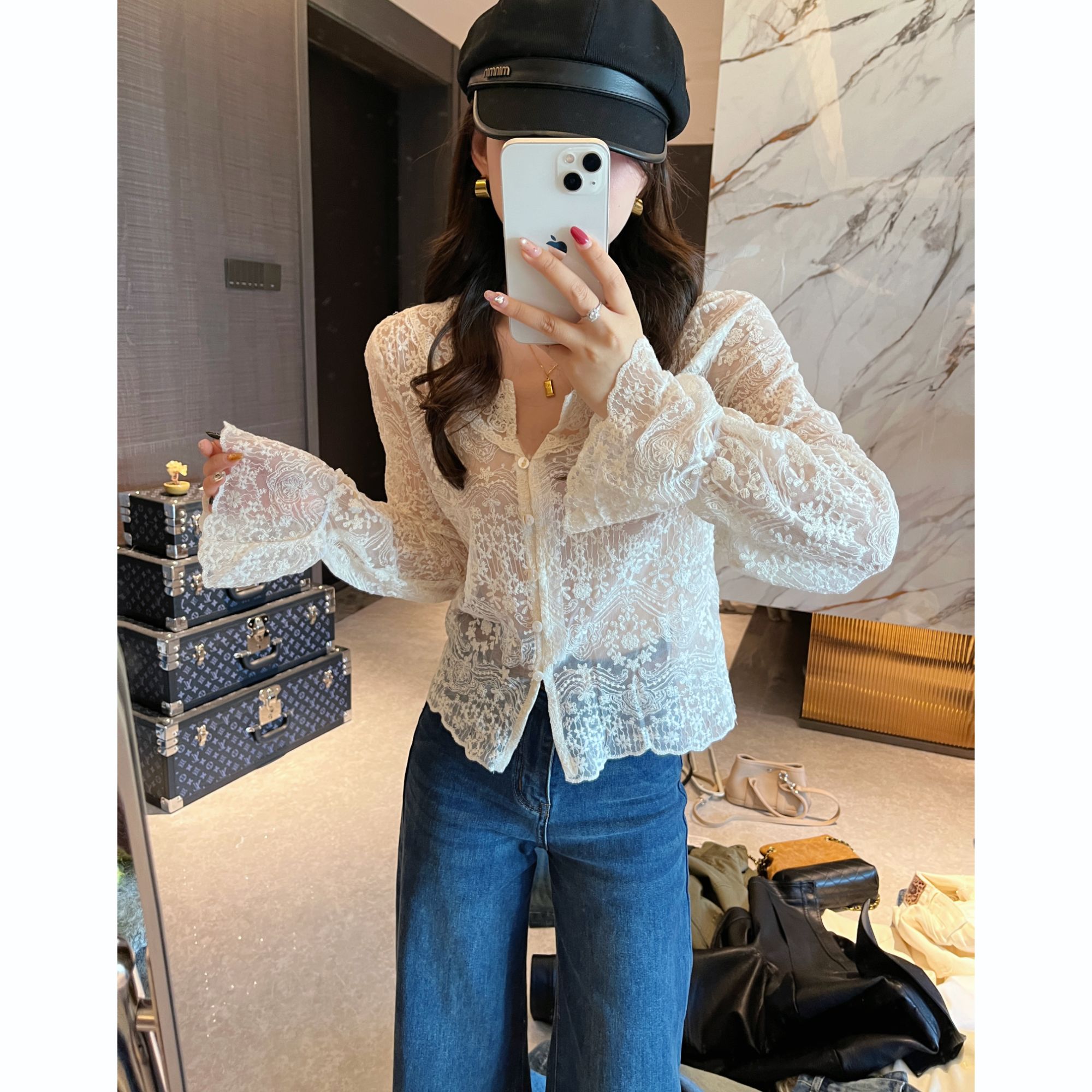 L & L 云云【秋日私语】春秋冬新品重工刺绣蕾丝单排扣开衫女 6588