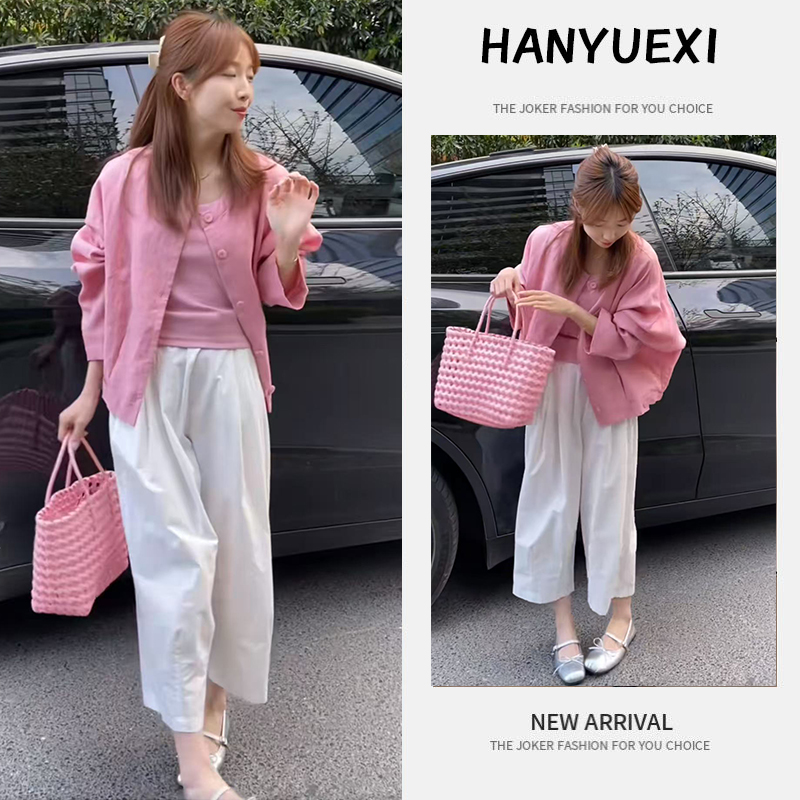 【现货】今年流行穿搭一整套2025新款宽松防晒开衫吊带阔腿裤三件套