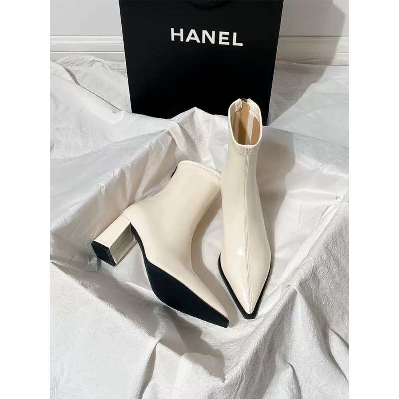 法式小踝靴加绒后拉链粗跟弹力瘦瘦靴米色尖头短靴女高跟秋冬新款