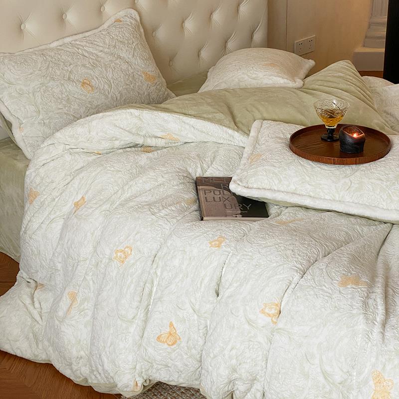 小清新加厚牛奶绒四件套简约轻奢雕花兔毛边被套床单1.8m床上用品