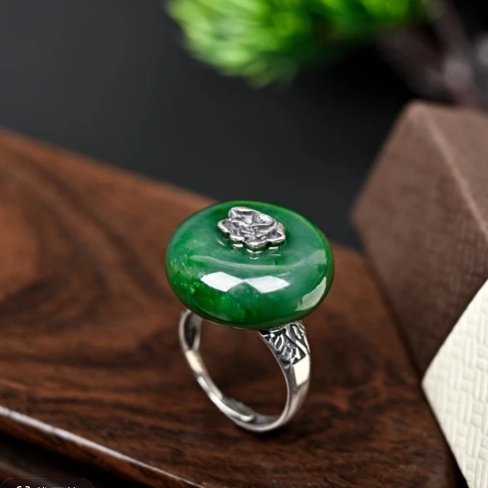 [00177]天然和田碧玉s925银新中式好运莲莲平安扣戒指多样发其一