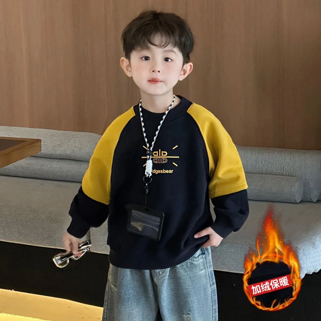 男童加绒卫衣2025新款秋冬款儿童一体绒加厚上衣男孩冬季打底衫潮