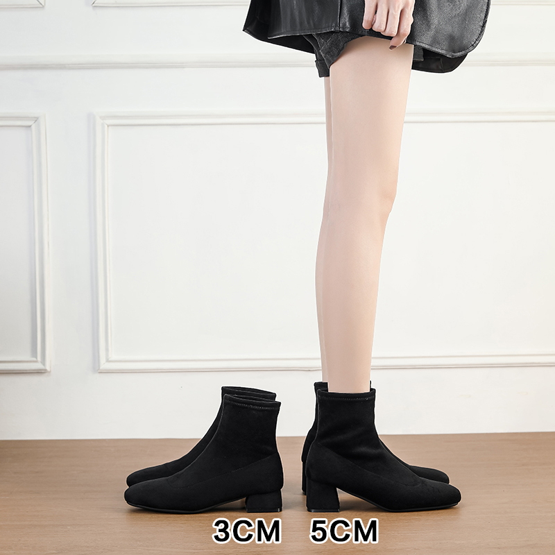 时尚百搭2025秋冬新款粗跟水钻方扣 后拉链欧美风短靴弹力瘦瘦靴