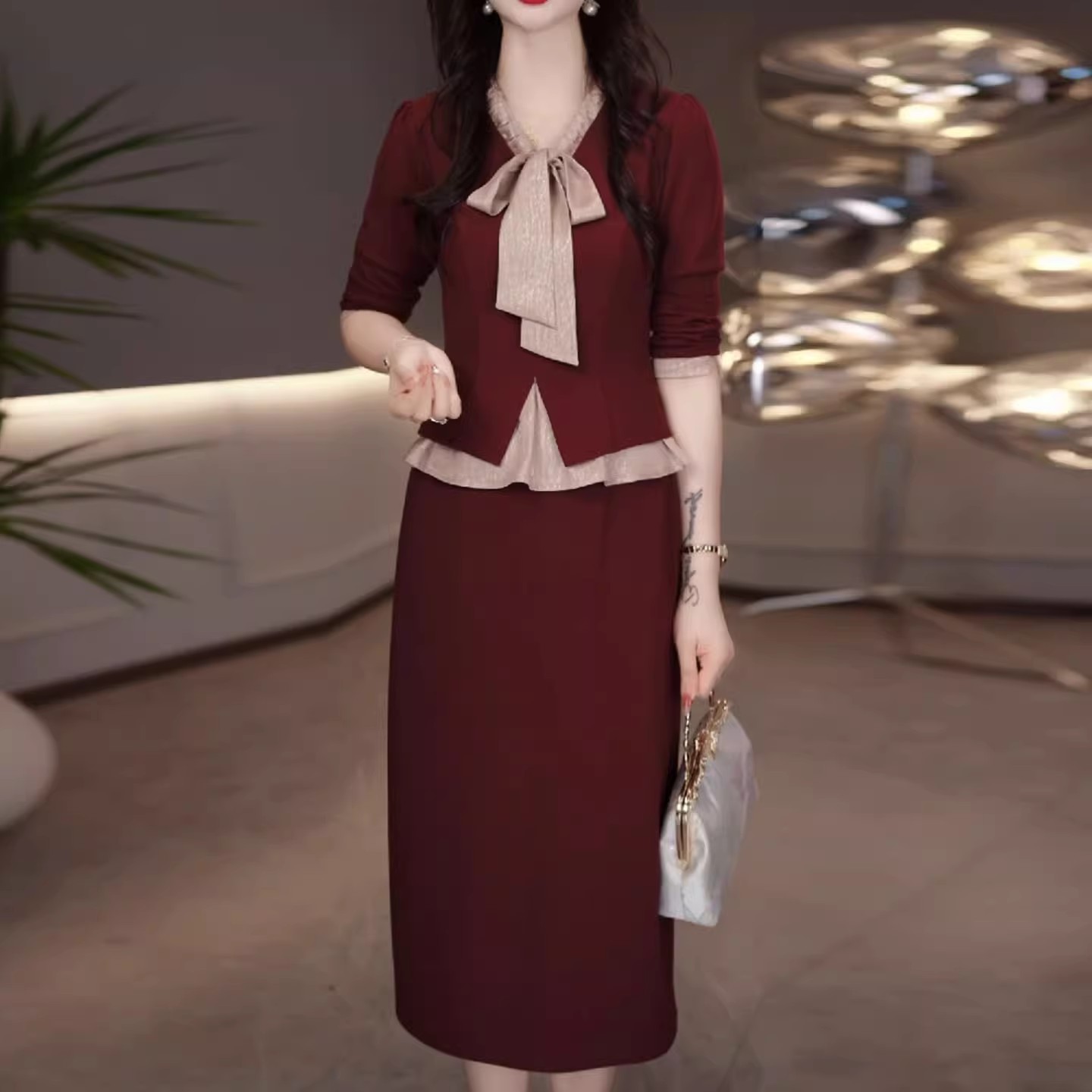 勇华假两件拼接连衣裙2025秋季新款轻奢高端喜婆婆婚宴装妈妈礼服