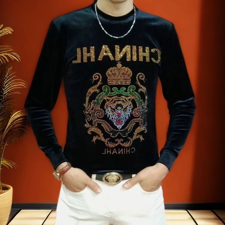 男士秋冬季新款修身型圆领上衣长袖轻奢潮流时尚烫钻休闲百搭卫衣