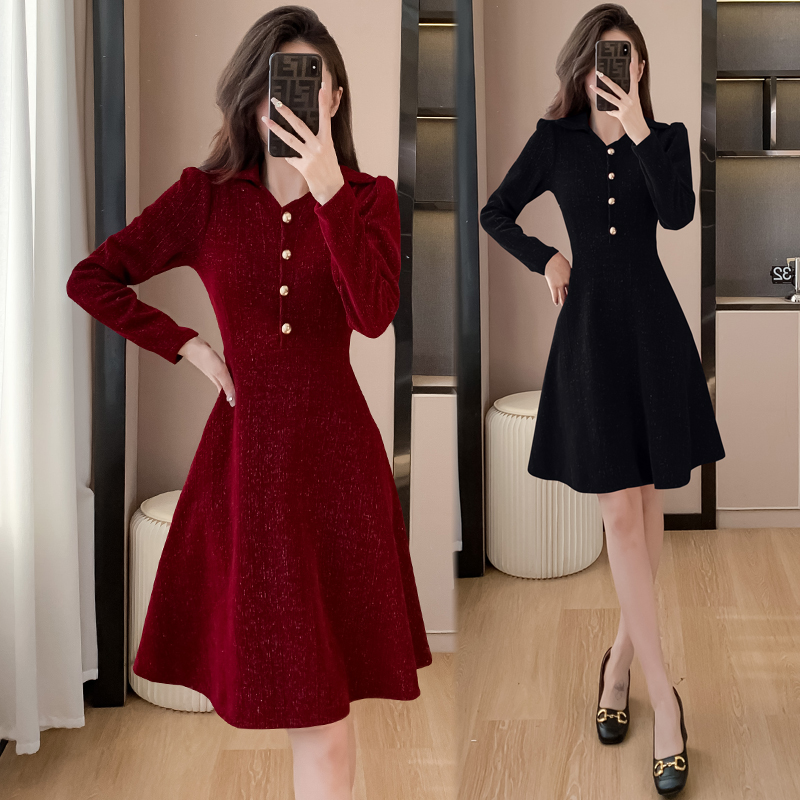 有口袋红色连衣裙修身连衣裙雪尼尔法式气质收腰小个子赫本小红裙