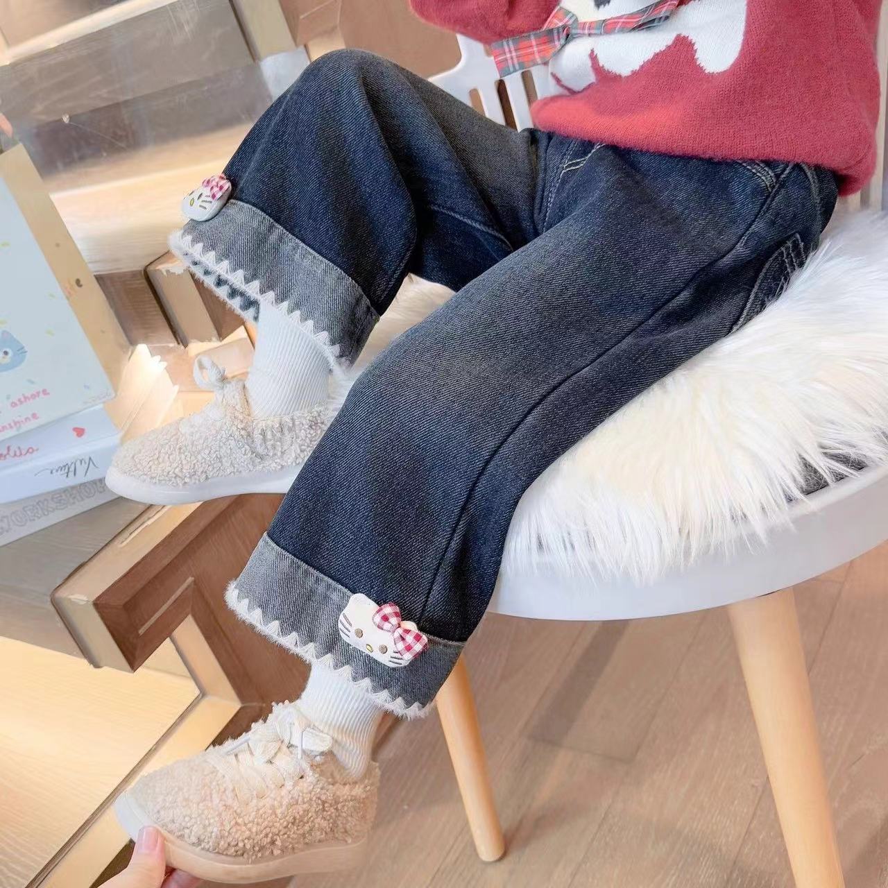 女童加绒牛仔裤2025秋冬季新款儿童一体绒裤子宝宝洋气保暖直筒裤