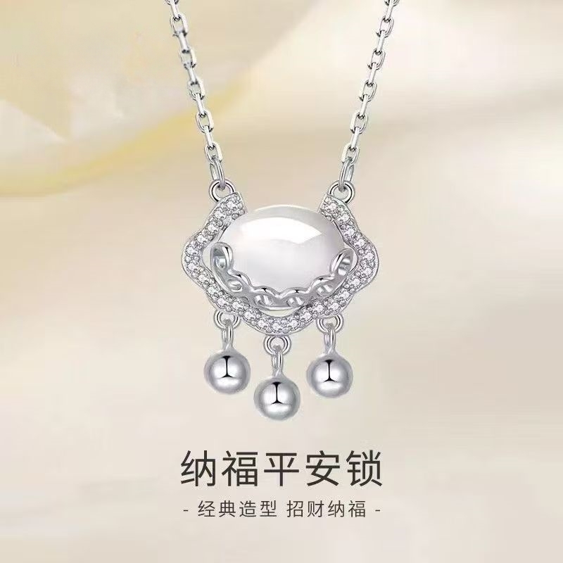 坠链均足银 足银999项链女平安锁时尚银饰锁骨链套链女友生日礼物