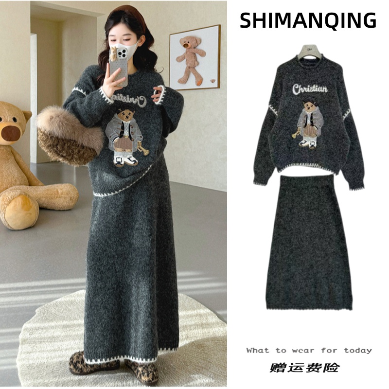 孕妇装2025秋冬季新款时尚韩版慵懒风卡通加厚毛衣半身裙两件套