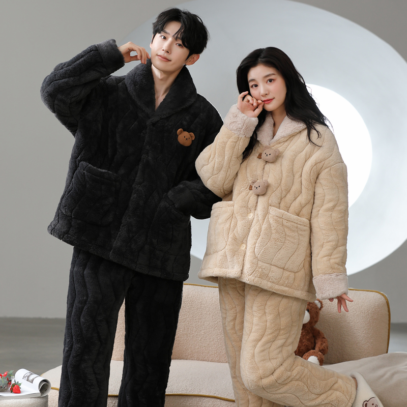 情侣睡衣男冬季三层夹棉加厚加绒冬天女珊瑚绒洋气保暖家居服套装