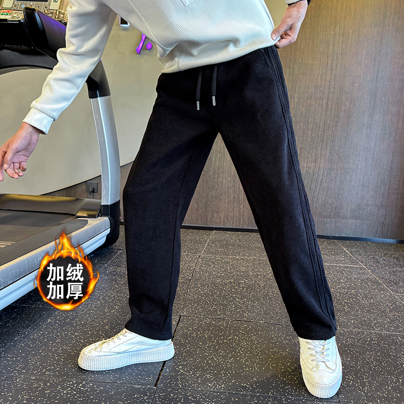 冬季潮牌美式高档弯刀加绒裤子男士简约时尚宽松百搭直筒休闲张裤