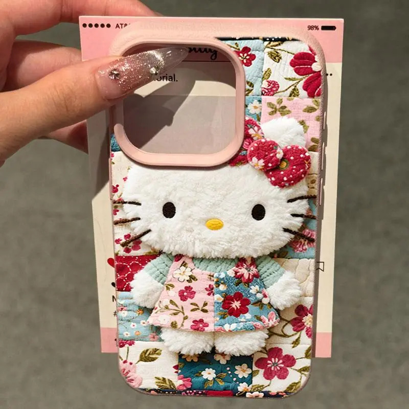 平面碎花凯蒂适用iPhone17/16promax荔枝纹苹果14/13手机壳12卡通