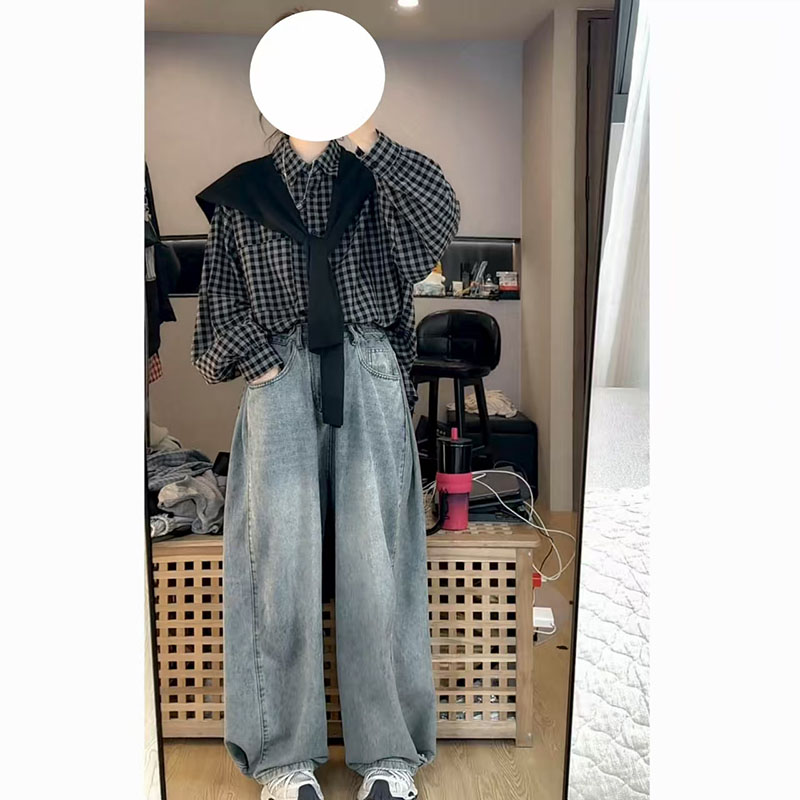 【现货】超火2025今年流行穿搭休闲格子披肩长袖衬衫阔腿牛仔裤套装