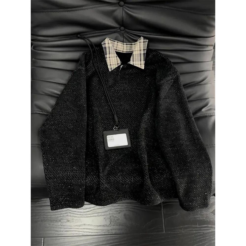 满天星假两件针织卫衣男秋冬加绒加厚撞色重磅打底polo衫内搭上衣