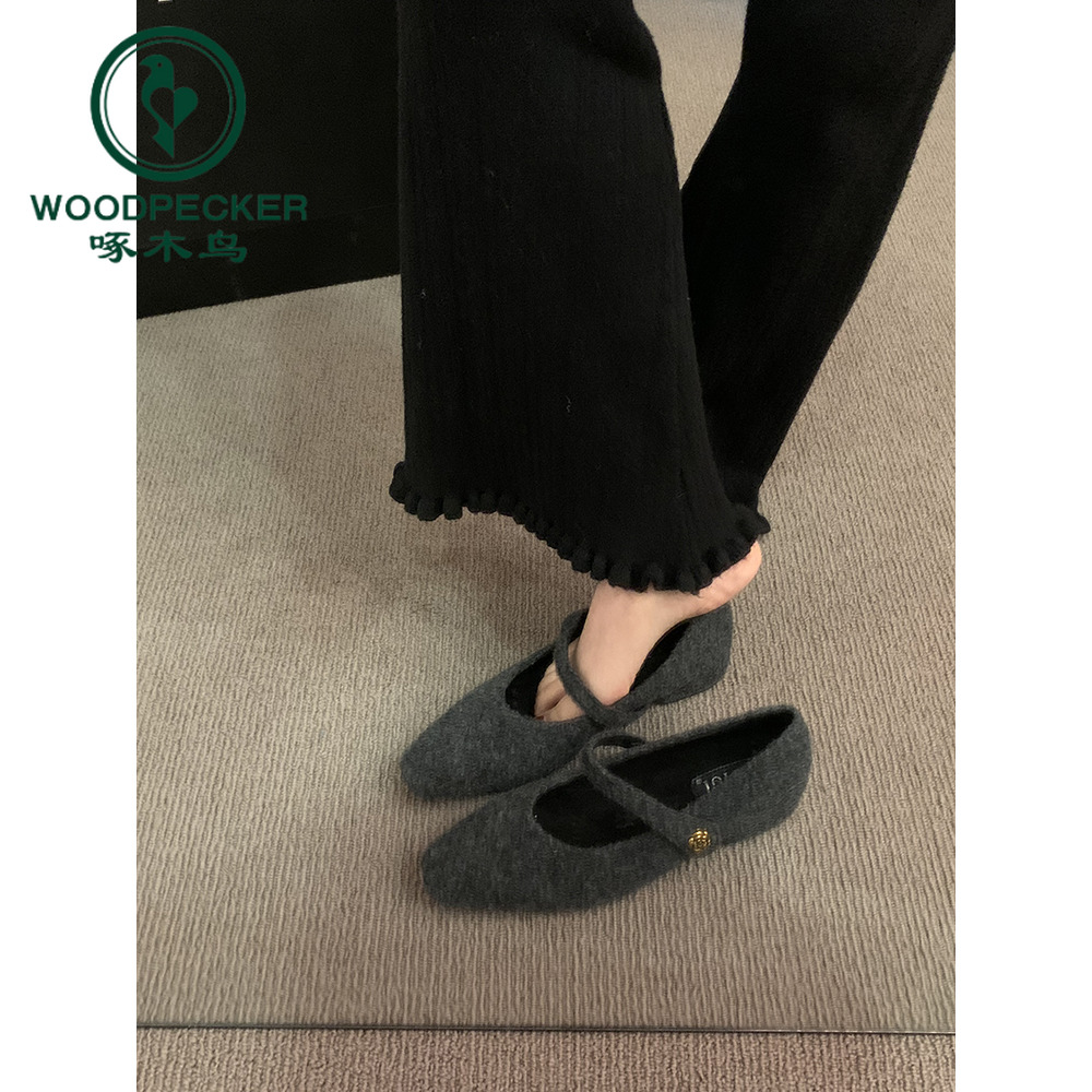 啄木鸟高级感粗跟加绒单鞋女鞋子法式鞋秋一字带玛丽珍鞋毛毛鞋女