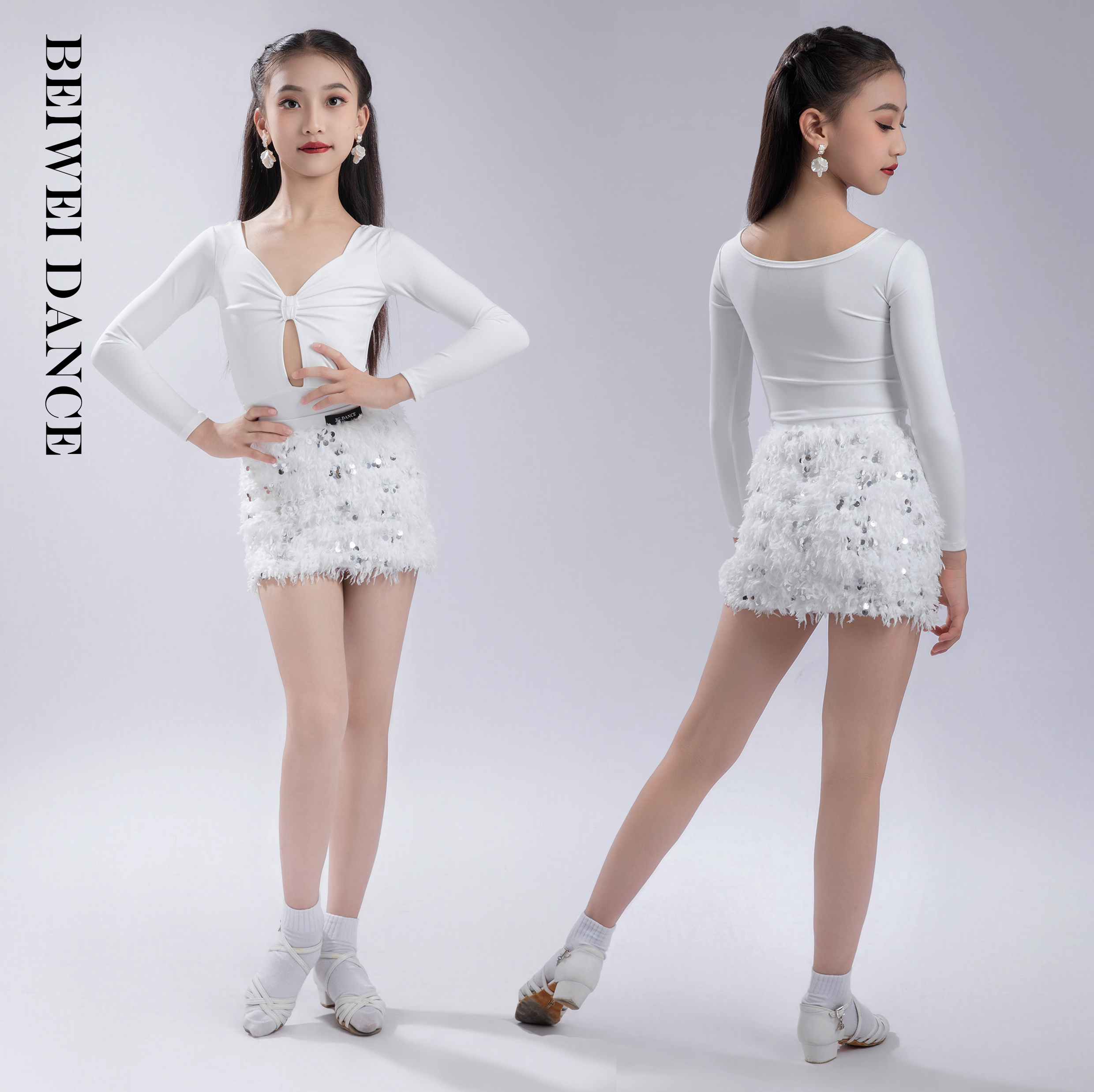 秋冬新款白色长袖儿童拉丁舞蹈练功服亮片包臀裙表演服套装