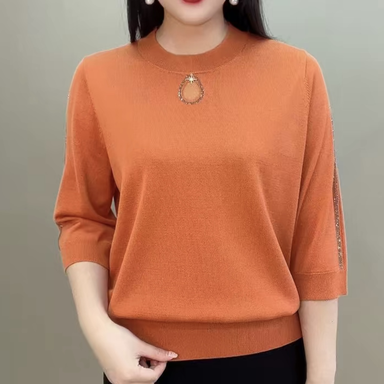 七分袖时尚洋气高贵烫钻吊坠针织衫春夏新款宽松减龄妈妈装