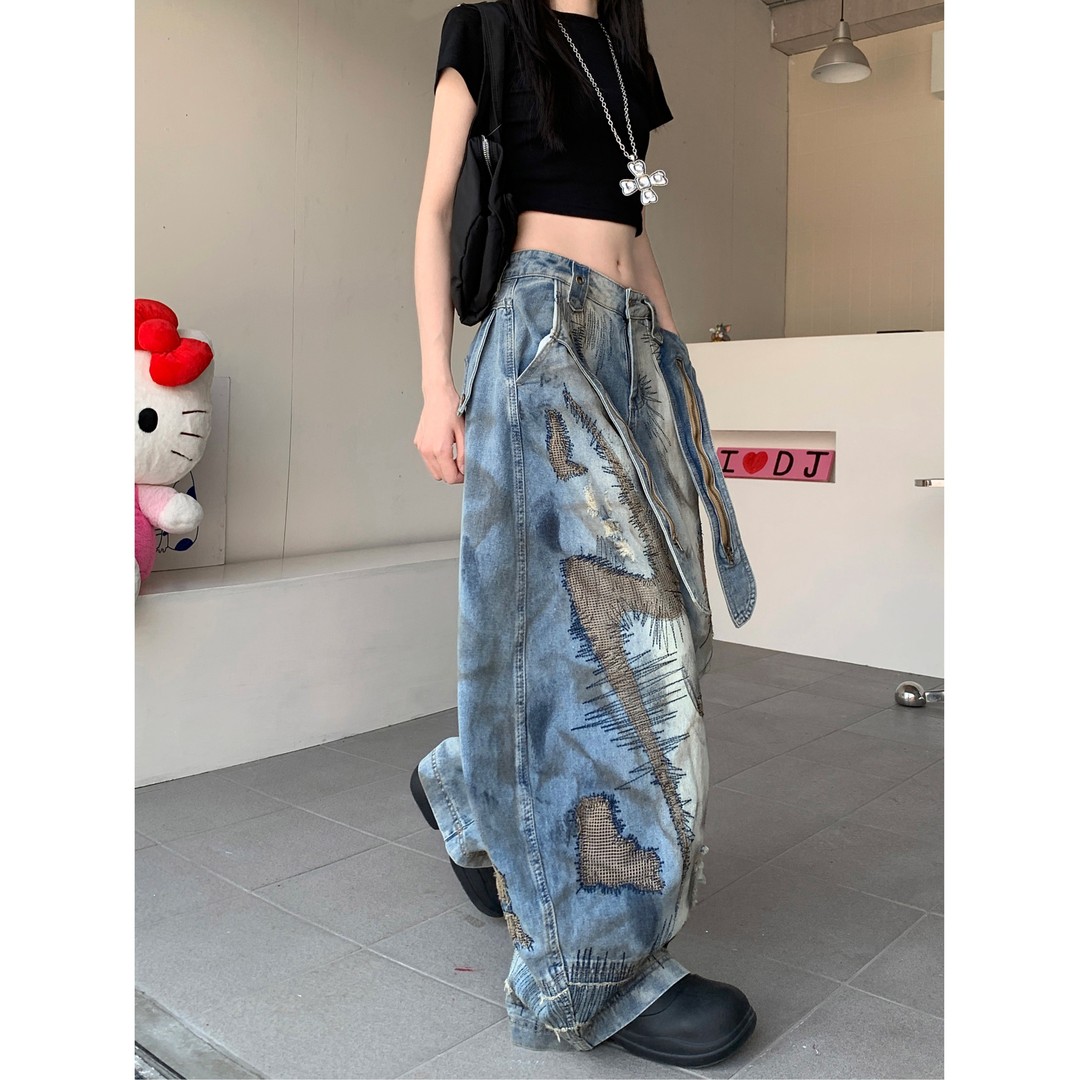 美式高街复古脏脏做旧乱针重工刺绣弯刀牛仔裤男女废土风阔腿裤