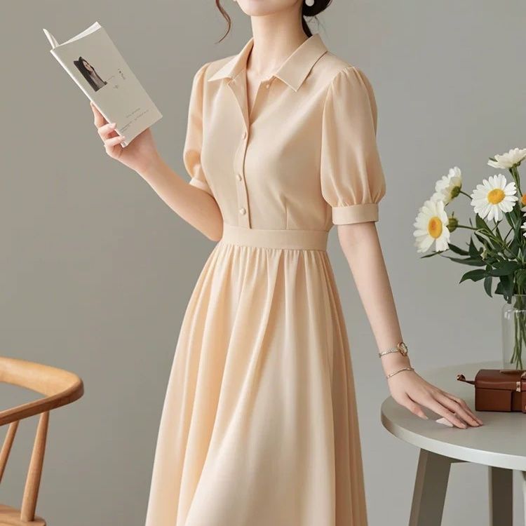 樊浩.2025新款轻奢高级感小个子法式气质纯色显瘦收腰连衣裙子女