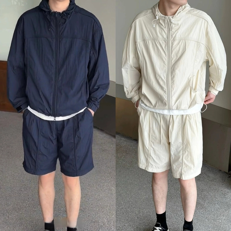 夏季新款潮牌休闲运动防晒套装宽松透气情侣款连帽外套短裤两件套