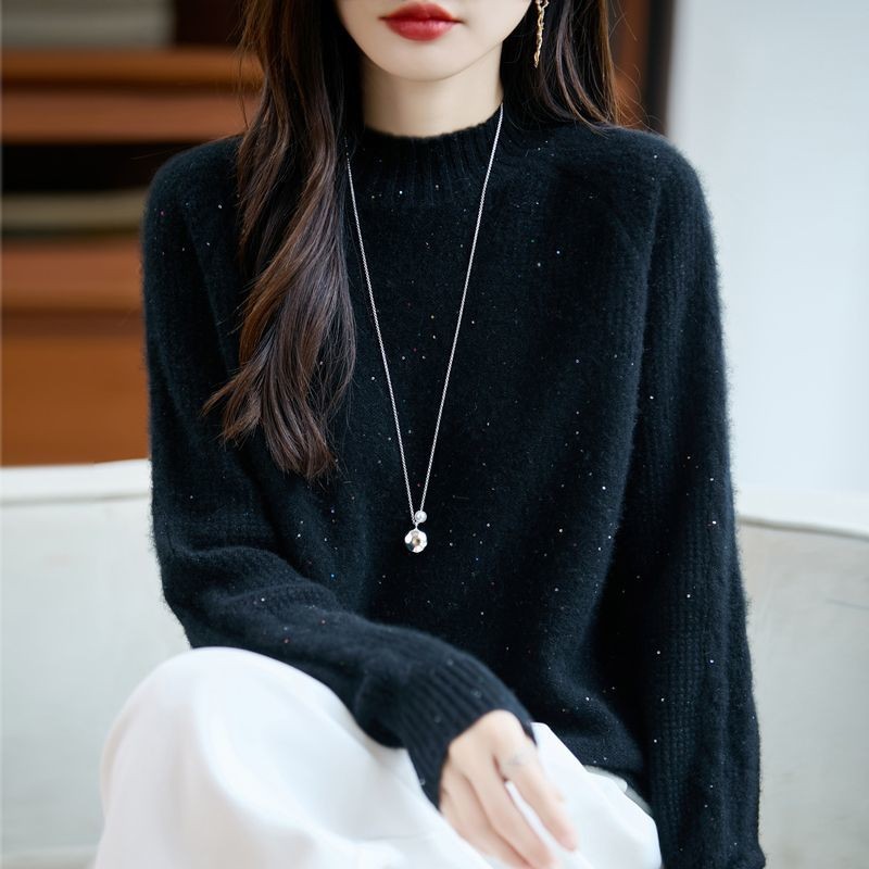 2025新款亮片羊绒衫女士秋冬加厚无缝套头宽松羊毛针织打底衫毛衣