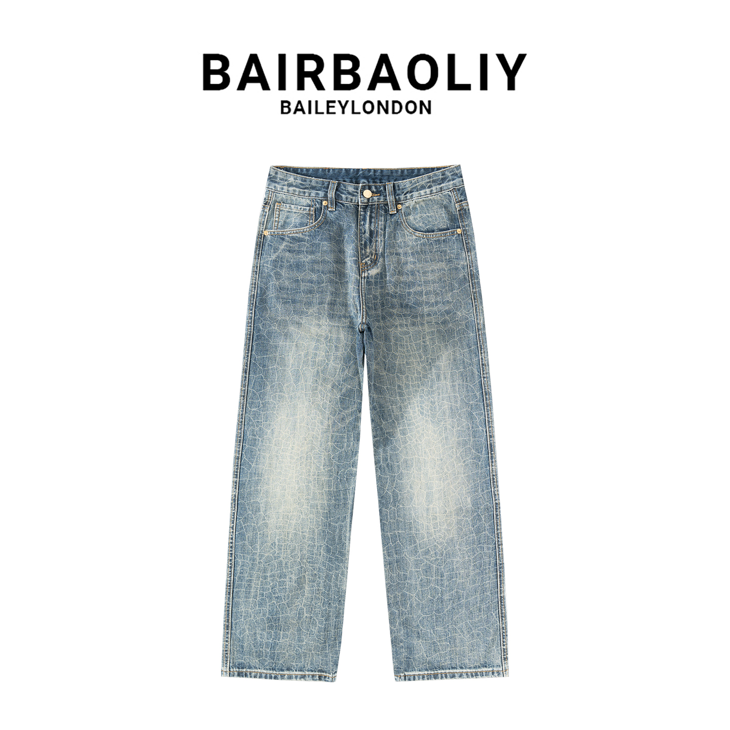 BAIRBAOLIY轻奢高端龙鳞纹路牛仔裤男潮牌重工高品直筒长裤