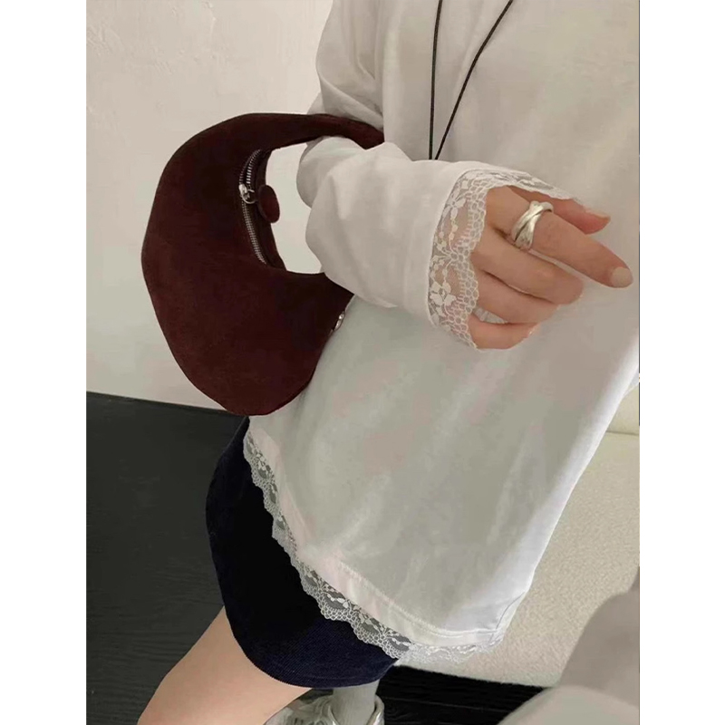 秋冬蕾丝花边圆领德绒磨毛内搭打底衫女宽松盖臀中长款叠穿长袖潮