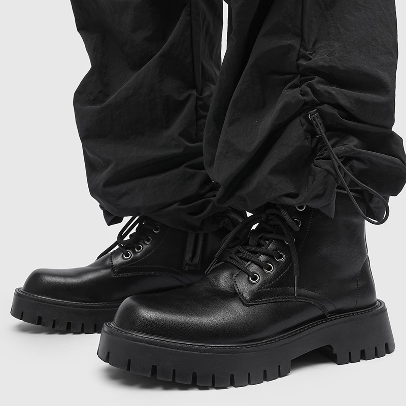 马丁靴男侧拉链款秋冬季时尚潮男英伦风真皮中帮厚底工装短靴皮鞋