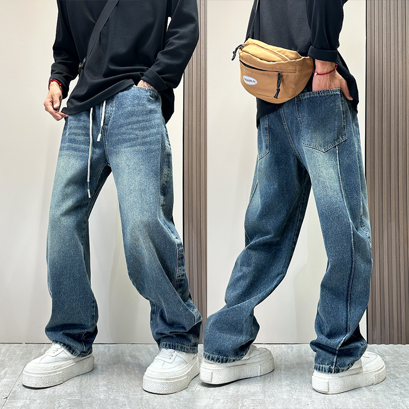 春秋季潮牌弯刀牛仔裤男款美式cleanfit高级感直筒裤子宽松阔腿裤