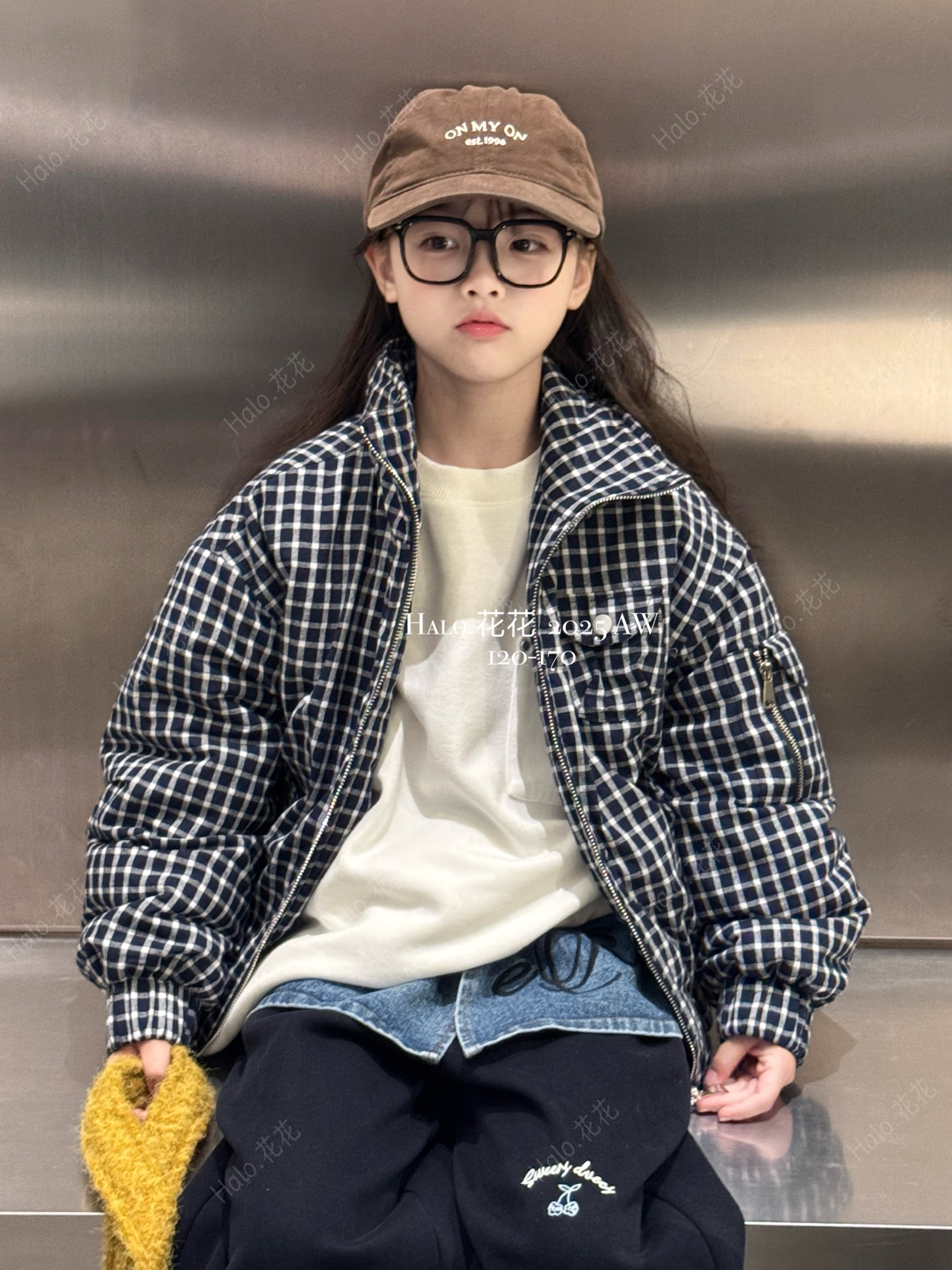 2025冬季新款蓝白格子棒球服加厚韩版棉服女童洋气拉链外套25776