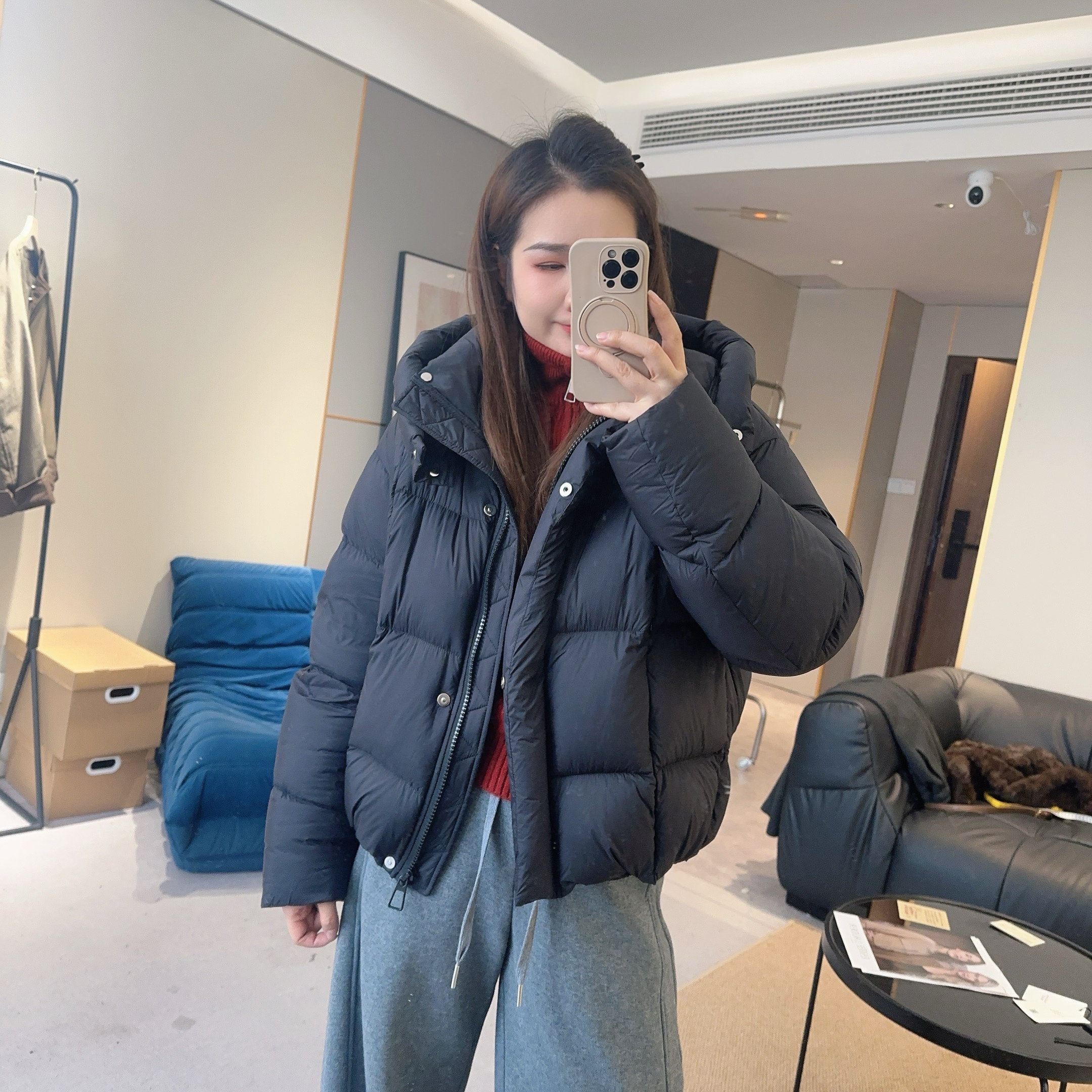 【欧加粒粒】方格连帽高充鹅绒服外套冬休闲时尚百搭保暖 D25112730