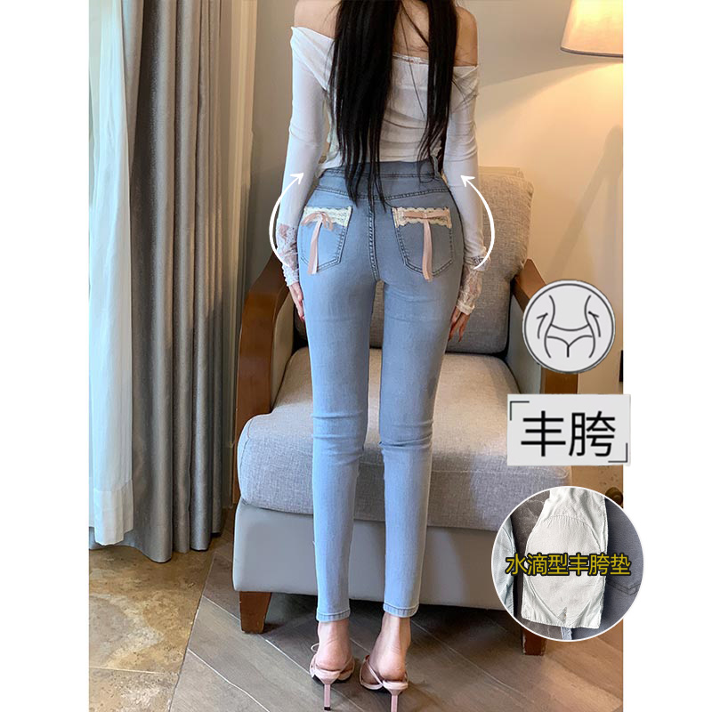 纯欲蝴蝶结口袋丰胯牛仔裤女2025年冬季紧身弹力提臀显瘦小脚裤